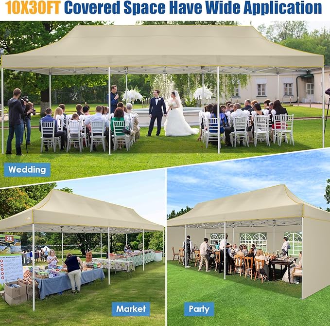 HOTEEL 10x30 Pop up Canopy Tent for Parties, Heavy Duty Easy Setup Tent with 5 Sidewalls, Outdoor Commercial Instant Gazebo for Wedding Event, with Roller Bag & Sand Bags, Khaki(Hexagonal Frame)