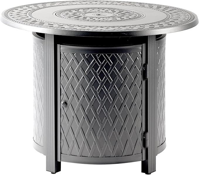 Oakland Living Round 34 in. x 34 in. Aluminum Propane Fire Pit Table with Glass Beads, Two Covers, Lid, 37,000 BTUs in Grey Finish