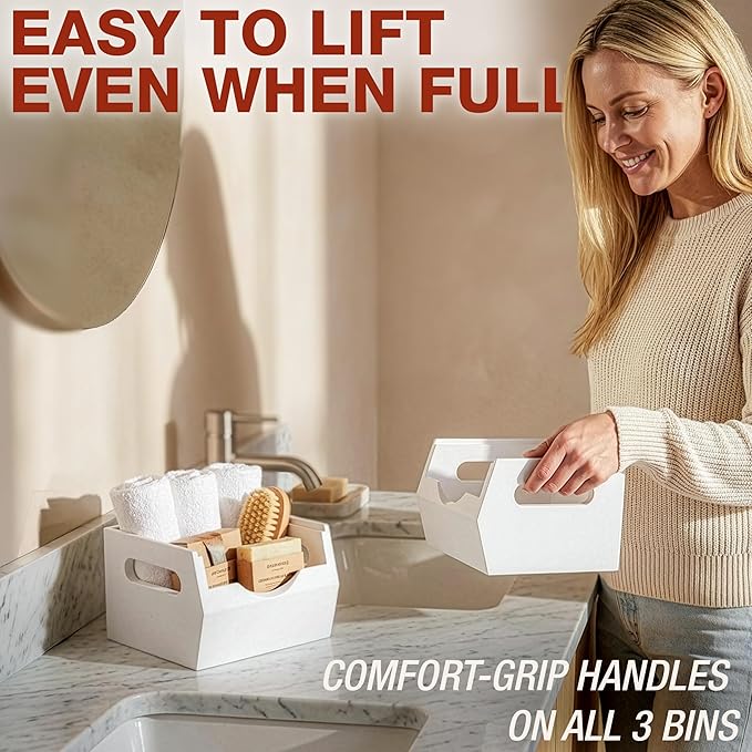 HOMESTEAD Stackable Solid Wood Storage Bins for Kitchen Pantry & Countertop, Ventilated Potato and Onion Basket Organizer with Handles, Wooden Produce Storage Containers, 3-Pack, White