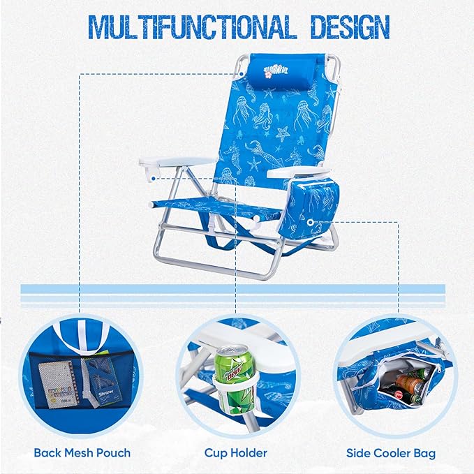 Reclining Beach Chair Backpack 5-Position Lay Flat Lounge Chair for Adults Heavy Duty Portable Folding Lightweight with Cooler Bag Camping Chair for Sand Outdoor
