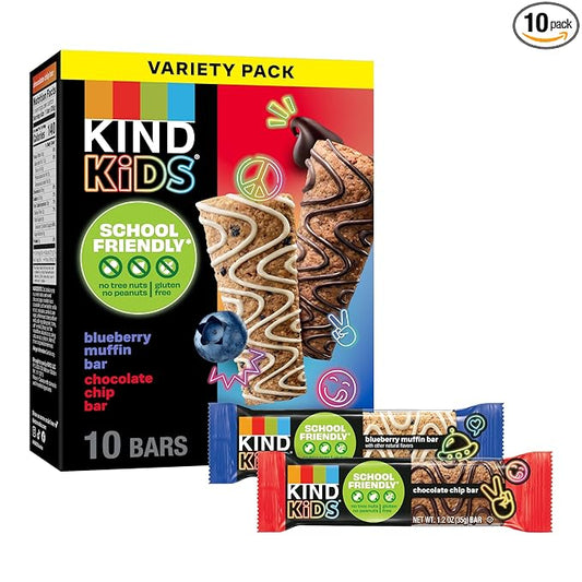 KIND Kids School Friendly Blueberry Muffin and Chocolate Chip Oat Bars Variety Pack, Tree Nut and Peanut Free, Gluten Free, Made With Whole Grain Oats, 5g Protein, 10 Count