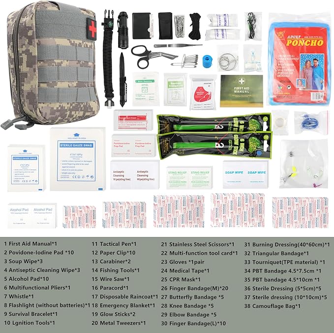 Tactical First aid kit for Outdoor 119 Pcs, First Aid Supplies Emergency Trauma Bag, Survival First Aid Kit for Outdoor Camping Hiking Backpacking and Travel