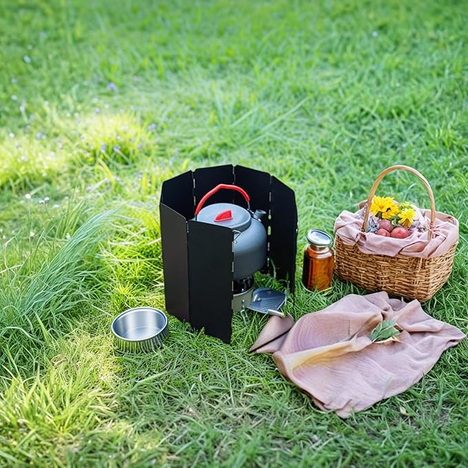 Black Camping Stove Windscreen,Lightweight Aluminum Outdoor Windshield Gas Stove Wind Screen for Camping, Glamping, Hiking, Picnic, Backpacking,Cooking,Fishing