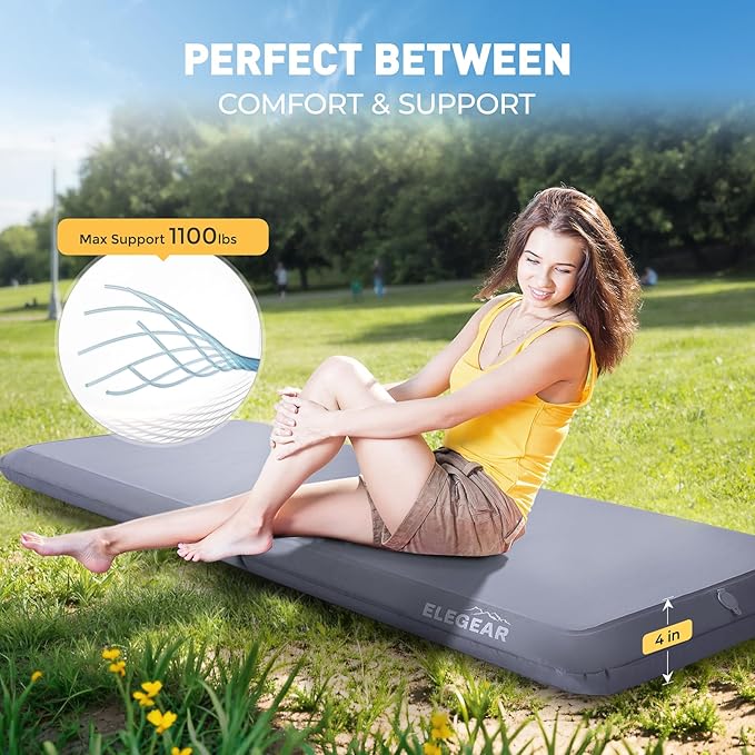 Elegear FiberAir Camping Sleeping Pad, 4’’ Ultra-Thick & 1100lb Ultra-Support Camping Air Mattress with Multi-Function Electric Pump, Durable Sleeping Pad for Camping/Hiking/Tent/Home