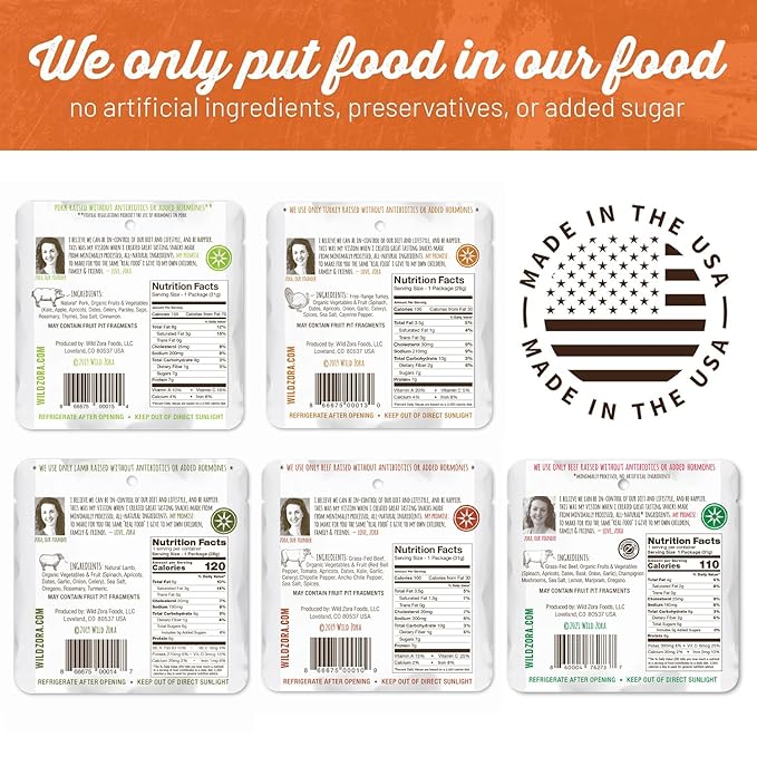 Wild Zora Meat & Veggie Bars, Variety 5-Pack, Natural Pork, Beef, Lamb, & Turkey Jerky Snacks, Healthy Paleo Snacks, AIP Friendly Options, Gluten Free, Soy Free, High Protein, No Added Sweetener