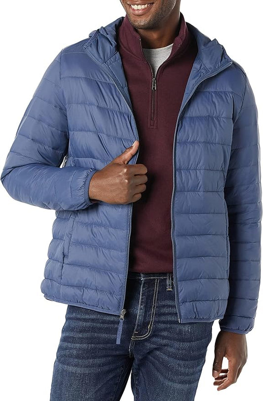 Amazon Essentials Men's Lightweight Water-Resistant Packable Hooded Puffer Jacket