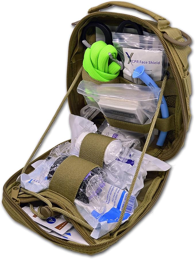 Lightning X Products Premium Nylon MOLLE Pouch Emergency Kit, Ideal for Tactical Medics, Military, Outdoor Enthusiasts (8" x 6.5" x 3", Black or Tan, for Gunshot Wounds & Bleeding Control)