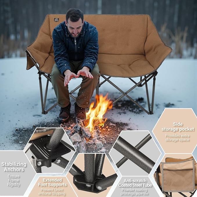 Fuzzy Oversized Folding Double Camping Chairs,Heavy Duty Supports 600 Lbs,Comfy Portable Loveseat for Adults w/Mesh Pocket,Plush Fleece-Lined Lawn Couch for Outdoor/Indoor,Light Moca
