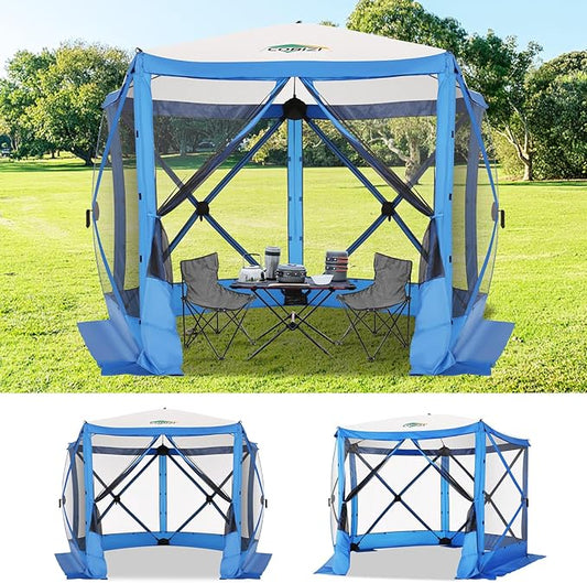 COBIZI 10x10ft Pop up Gazebo Screen House Tent for Camping, Pop-up Camping Canopy with Mesh Windows,Portable Outdoor Quick-Set Hub Tent with Carrying Bag&Ground Stakes,Blue(Upgraded 2.0)