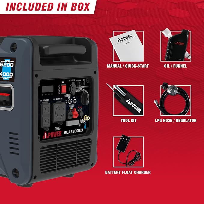 A-iPower 5800-Watt Dual Fuel Quiet Portable Inverter Generator, Electric Start RV Ready, EPA & CARB Compliant CO Sensor, With Telescopic Handle For Backup Home Use, Tailgating & Camping (SUA5800iED)
