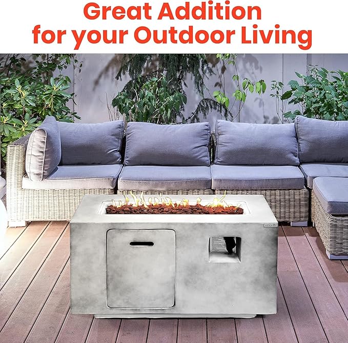 SereneLife Concrete Outdoor Propane Fire Pit Table - CSA/ETL Certified Safe 50,000BTU Pulse Ignition Weatherproof Square Propane Gas Fire Table - Adjustable Flame, Thermocouple - PVC Cover