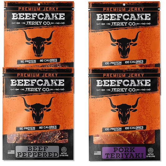 BEEFCAKE Jerky Pork Lover Variety Pack, Beef Jerky Signature Beef Peppered & Asian-Style Pork Teriyaki Mix, 9 Gram of Protein and 100 Calories 2.7 Oz | Pack of 4