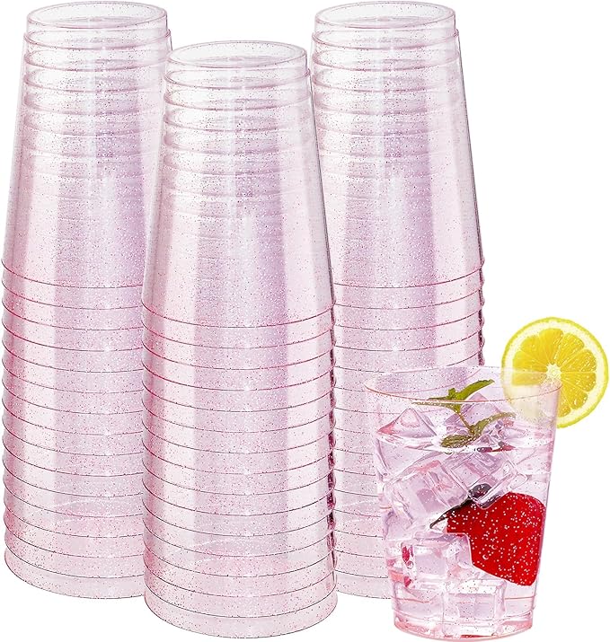 DaYammi 100 Pack 10oz Pink Plastic Cups, Premium Disposable Rose Gold Glitter Plastic Cups for Martini and Cocktail, Hard Clear Disposable Cup with Pink Glitter Perfect for Fancy Wedding Party