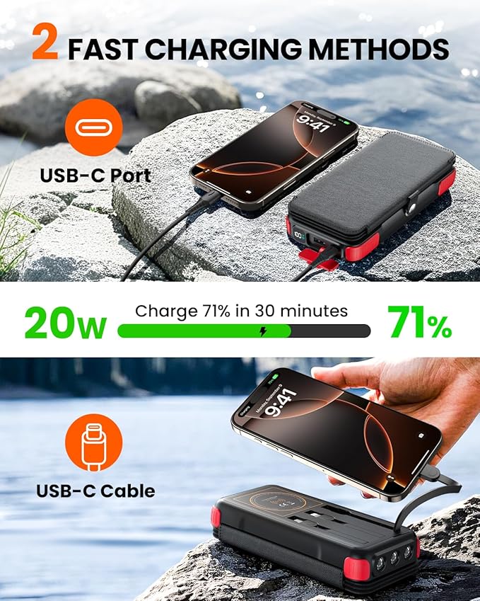 SOARAISE Solar Charger 25000mAh/92500mWh Wireless Portable Charger, 20W Fast Charging Power Bank with Built-in 3 Cables, PD QC 3.0 Phone Battery Pack with 4 Solar Panels & Flashlights for Camping