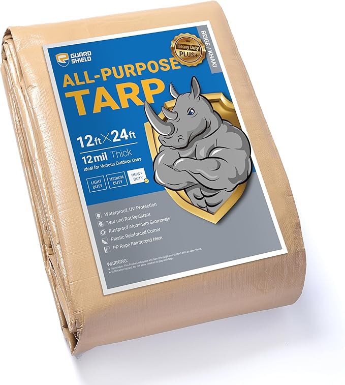 GUARD SHIELD Beige Tarp 12x24 Feet Large Tarps Heavy Duty Outdoor Tarpaulin Cover 12mil