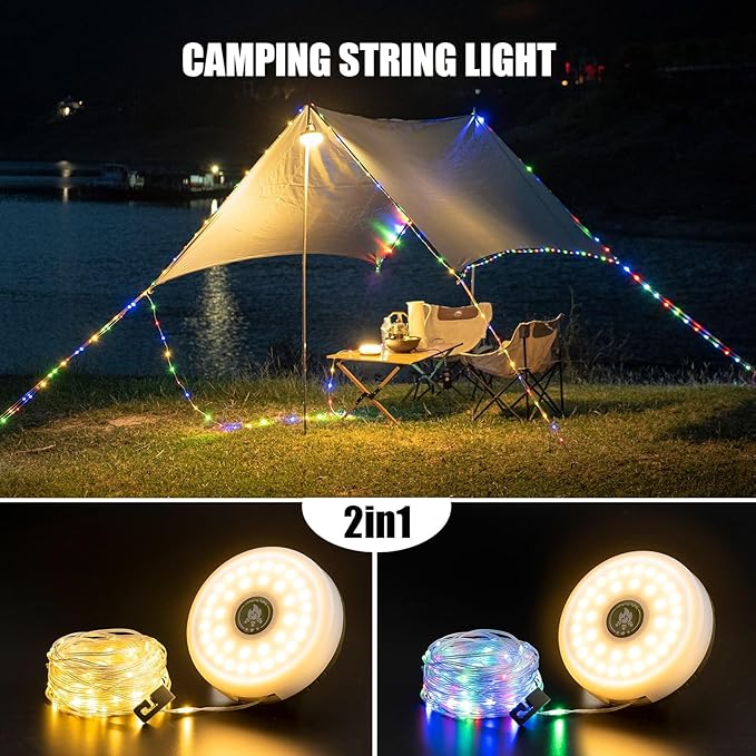 2-Pack Camping String Lights - 4 in 1 Outdoor Camping Lantern with 8 Lighting Modes(32.8Ft), Quick 30s Recovery, Waterproof, Type-C Fast Charging, Portable Camping Lights for Camping/Yard/Hiking