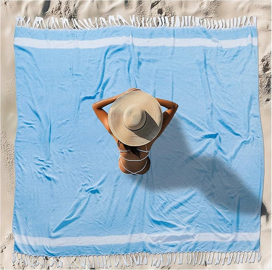 Oversized Turkish Beach Towel Blanket XXL Cotton Sandproof Towels Boho Woven Extra Large Big Sand Free Giant Throw Blankets Huge Quilt XL Picnic Camping Necessities Cloud For Adult Gifts Blue