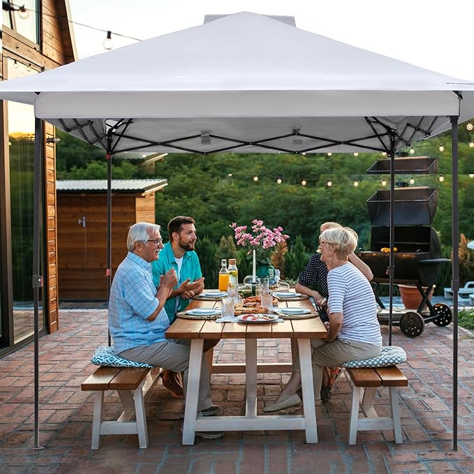 FUNDANGO 10x10 Pop Up Canopy, Beach Tent with Patent Quick Open Frame, Silver Coated Top& Wheeled Carry Bag, Easy Outdoor Sun Shade for Events, Parties, Camping（White