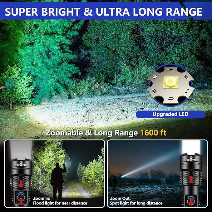 Esgofo Flashlights High Lumens Rechargeable, Super Bright Handheld LED Flash Light, Powerful Emergency Linternas, Waterproof, Long Lasting, for Hiking Camping Gift