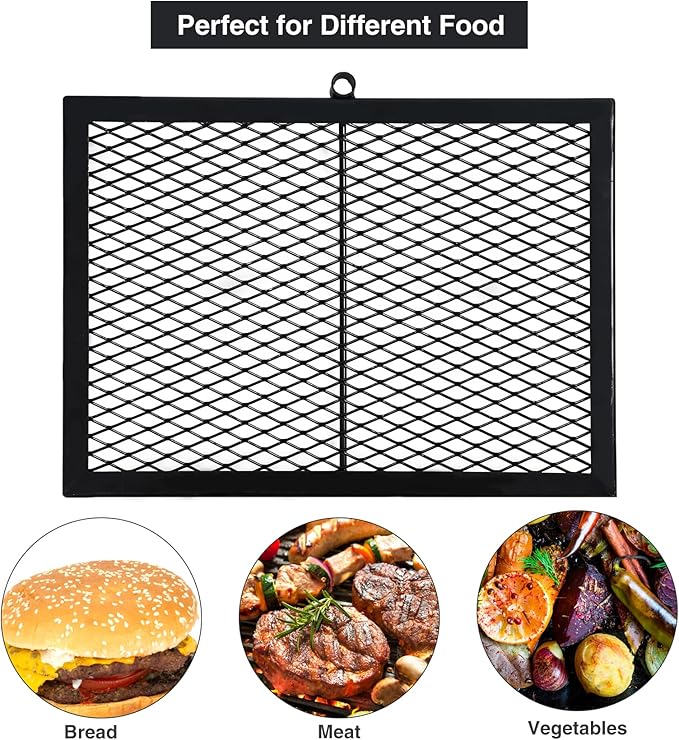 Lineslife Swivel Campfire Grill Grate, Adjustable Heavy Duty Steel Fire Pit Grill Grate Over Fire Pit, Open Fire Grill with Carrying Bag for Outdoor Cooking Camping, Rectangle Black