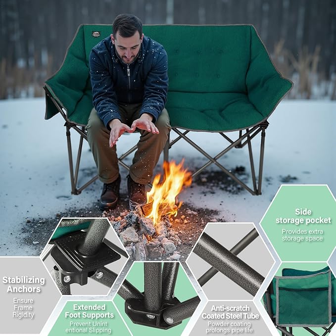 Fuzzy Oversized Folding Double Camping Chairs,Heavy Duty Supports 600 Lbs,Comfy Portable Loveseat for Adults w/Mesh Pocket,Plush Fleece-Lined Lawn Couch for Outdoor/Indoor,Dark Green