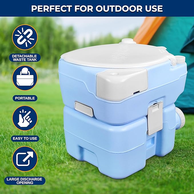 SereneLife 5.2 Gallon Portable Camping Toilet, 120 Flushes with Plastic Funnel, Hand Spray, Diagonal Seat and Mobile Holder, Portable Potty for Camping, Hiking, Roadtrip, Car, Tent