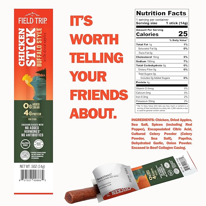 Field Trip Hormone Free Spicy Buffalo Chicken Jerky Snack Sticks, Zero Sugar, Keto, Paleo, Gluten Free, Allergy Friendly Snack, High Protein, 25 Calorie Snack, 0.5oz, 24 Pack