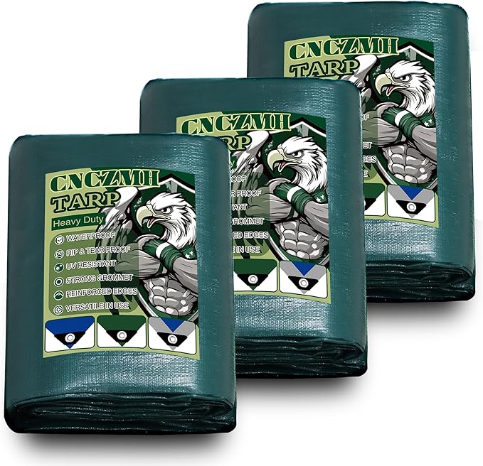 Heavy Duty Tarp Waterproof, 10 Mil Thick 5x5 Feet Finished Size Tarps Outdoor, Multipurpose Tarpaulin, Small Tarp for Emergency Rain Shelter Camping (Green, 5x5ft 3 Pack)