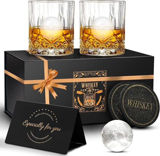 Whiskey Glasses Set of 2, 10 Oz Old Fashioned Tumblers with 2 Round Big Ice Ball Molds, Bourbon Glasses for Drinking Scotch Whisky Cocktail Cognac Vodka Gift for Men Women at Home Bar
