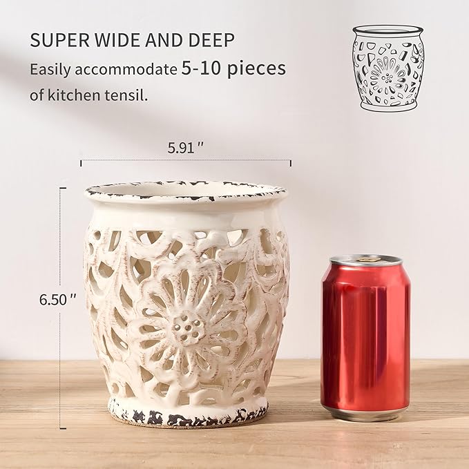 Farmhouse Kitchen Utensil Holder for Kitchen Counter, Ceramic Large Cooking Utensil Crock with Cork Mat, Decorative Rustic Utensil Organizer for Countertop, Spatula, Antique Beige