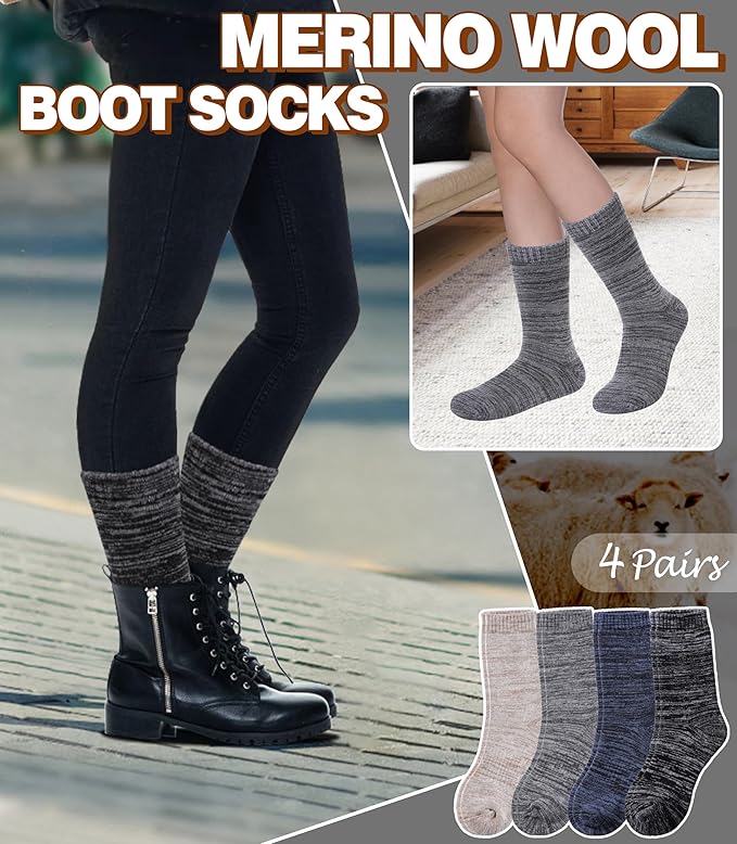 LANLEO Merino Wool Hiking Socks for Women Men Thermal Extra Thick Winter Warm Comfy Cushioning Crew Boot Socks 4 Pairs