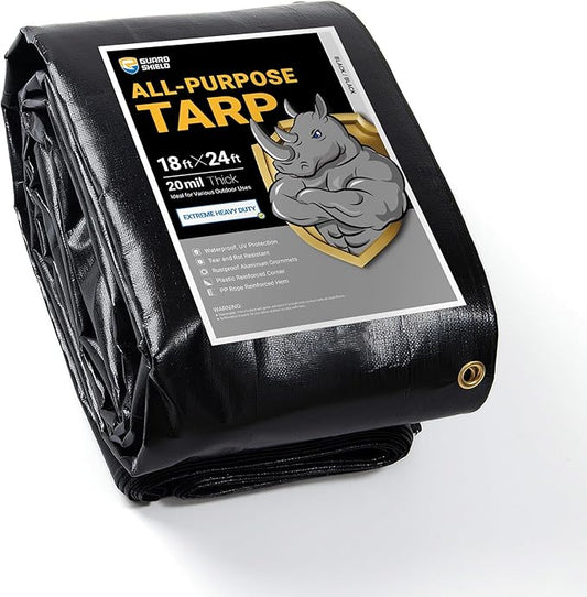 GUARD SHIELD Extreme Heavy Duty Black Poly Tarp 18x24 Feet Cover Waterproof Tarps 20mil Thick UV and Tear Resistant Tarpaulin