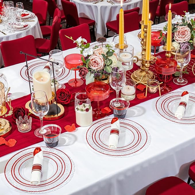 Ciaell 350 PCS Clear and Red Plastic Plates – Red Dinnerware Set for 50 Guests Include 100 Plastic Plates, 50 Pre Rolled Napkins with Cutlery Set, 50 Cups for Wedding & Party & Anniversary & Christmas