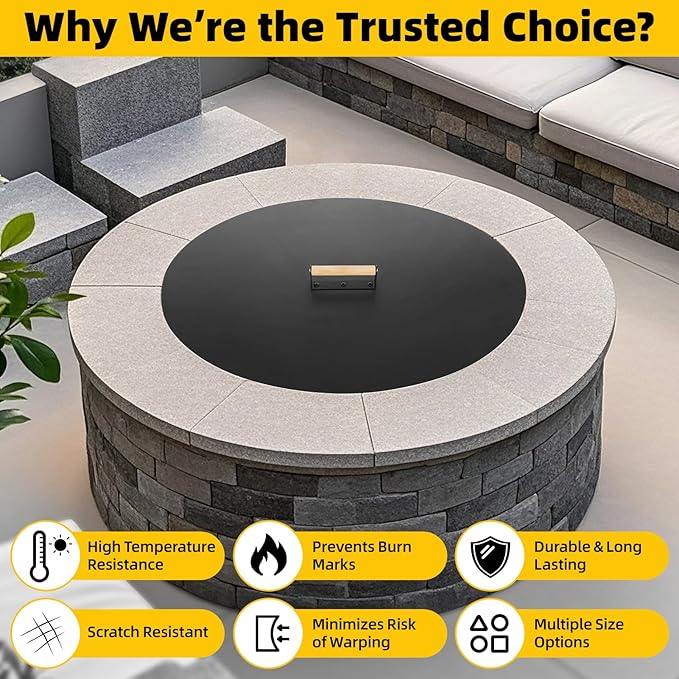 G GOOD GAIN Firepit Lid Round 28 Inch - Rust Resistant Fire Pit Lid Cover with Wooden Handle & Gloves, Fire Pit Snuffer Lid for Courtyards, Patio, Winter Cold Protection.
