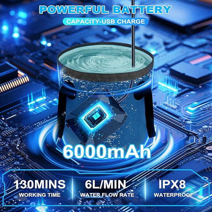 Portable Shower for Camping with 20L Foldable Bucket, 5 Pressure Levels Rechargeable Camping Shower Pump with Camping Light & Intelligent LED Display, 6000mAh Outdoor Shower for Hiking, Travel, Car