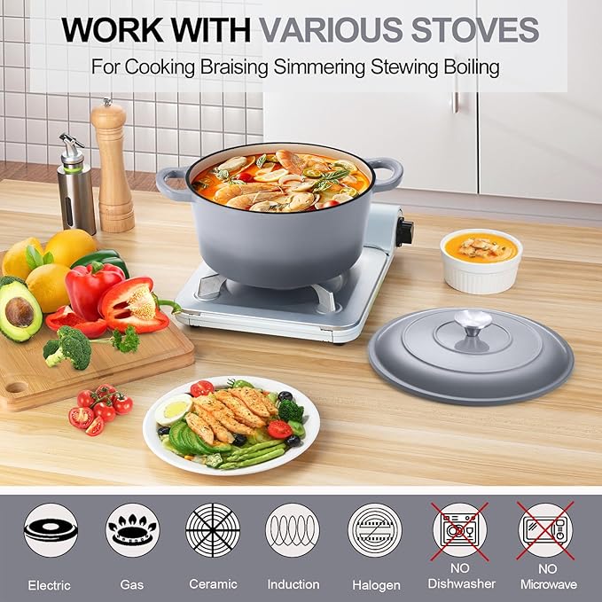 P&P CHEF 5QT Enameled Dutch Oven, Cast Iron Dutch Oven Pot with Lid for Bread Baking, Enameled Casserole Pot for Roasting Braising Stewing Frying Simmering, Various Stoves & Easy Clean, Grey