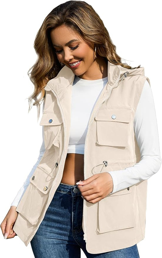 PESION Womens Packable Military Utility Vests Outerwear Waterproof Windbreaker Jacket Cargo Vest with Removable Hood