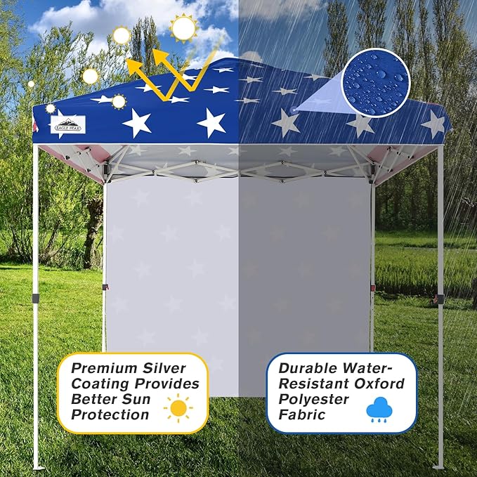 EAGLE PEAK Pop Up Canopy Tent with 1 Sidewall, Easy Setup Event Tent, Outdoor Sun Shade, Wheeled Carry Bag, Stakes and Guy Ropes, Instant Canopy 8x8, American Flag