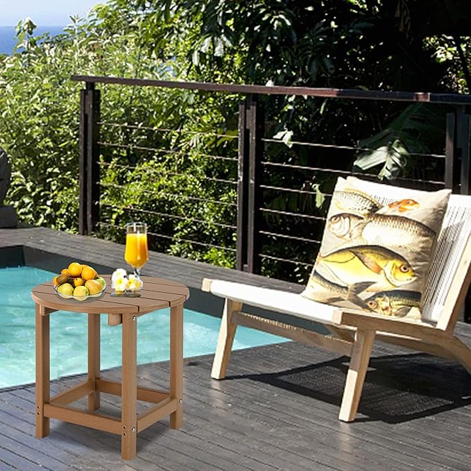 LZRS Round Adirondack Patio Side Table End Table, Outdoor Side Tables for Patio, Backyard,Pool, Indoor Companion, Easy Maintenance & Weather Resistant(Teak)