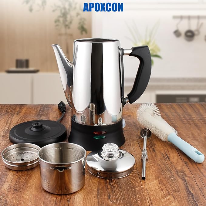 Electric Coffee Percolator Stainless Steel Coffee Maker with Heat Resistant Tough Glass Clear Brew Progress Knob, Keep Warm & Cordless Serving Classic Coffee Pot with On/OFF Switch 12 Cup