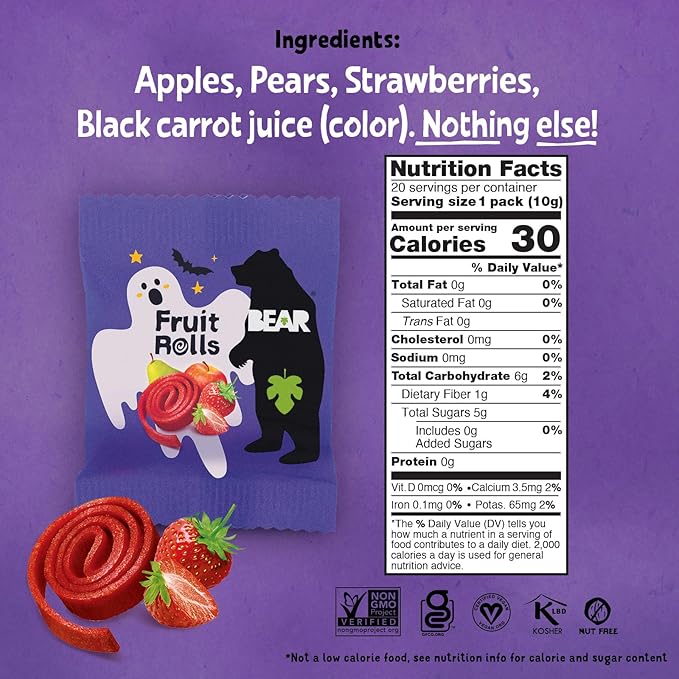 BEAR Real Fruit Snack Rolls - Gluten Free, Vegan, and Non-GMO - Strawberry – Halloween Pack - 20 Rolls, Healthy School And Lunch Snacks For Kids And Adults, 0.34 Ounce (Pack of 20)