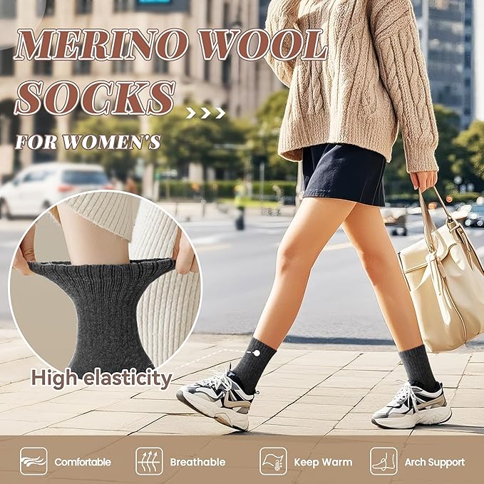 Merino Wool Socks For Women Hiking Winter Boot Thermal Warm Thick Cozy Work Crew Socks 5 Pairs