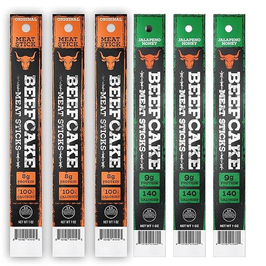 Beefcake Jerky Variety Pack Meat Sticks, Original and Honey Jalapeño Mix, 6 Pack Assorted Flavors, 8g Protein Zero Sugar, Gluten Free Keto Friendly Protein Snacks