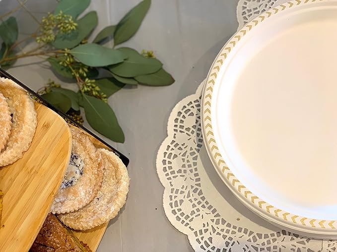 Disposable Plate: Heavy Duty Elegant Eco Friendly Compostable Paper Plates (50 Count), Tree Free Sugarcane Bagasse Plate with Color Party Plate (7 inch Gold Dessert/Appetizer Plate)