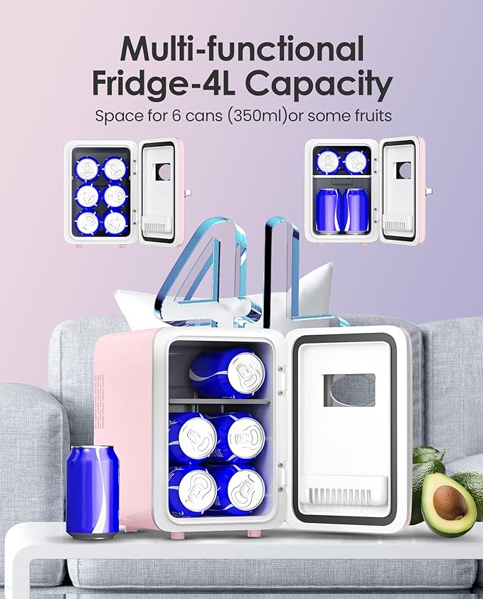 Skincare Fridge - 4L Makeup Fridge for Refrigerating Makeup, Skincare and Food, Mini Fridge for Bedroom, Office and Car, Cooler and Warmer, Beverage Cooler, Leather Pink