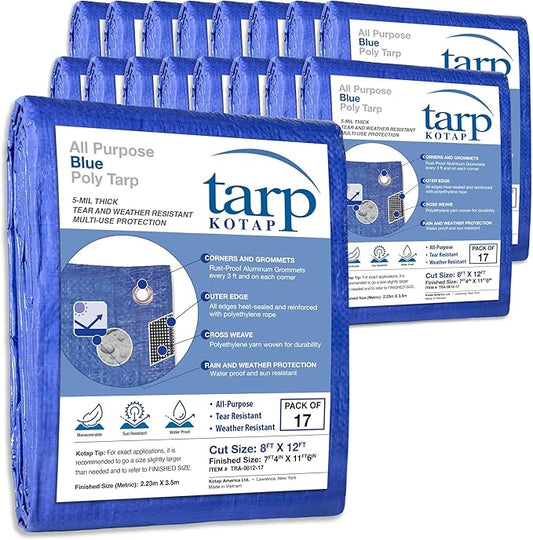 KOTAP All-Purpose Multi-Use 5-mil Poly Tarp, Blue, Cut Size 8 x 12 ft./Finished Size 7 ft. 4 in. X 11 ft. 6 in., TRA-0812-17, Waterproof