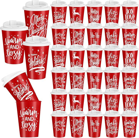 Sliner 30 Pcs Christmas Reusable Coffee Cups with Lids Bulk 12 oz Christmas Plastic Cup Gifts Xmas Drinks Tumblers with Snowflake for Coworkers Family Winter Party Favors (Red)