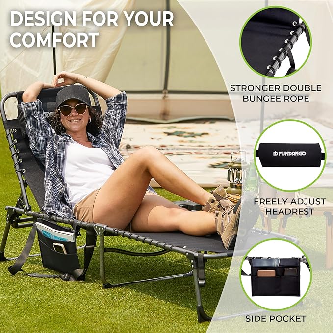 FUNDANGO Folding Chaise Lounge Chair Outdoor, 5 Positions Foldable Tanning Chairs with Side Table & Pillow for Outside Sunbathing Pool Camping Patio Lawn (Black)