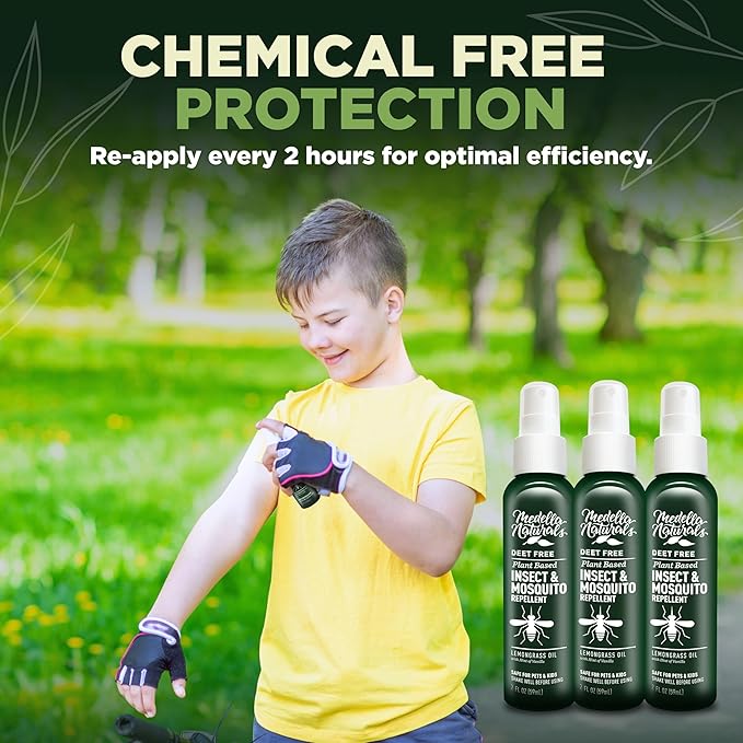 Deet-Free Insect & Mosquito Repellent Pack of 3 (2oz) – Nice Smelling Insect Repellent with Lemongrass Oil Safe for Pets and Kids – Bug Spray Against Mosquitoes, Gnats, Black Flies, and No-See-ums