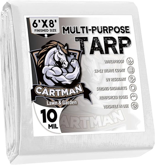 CARTMAN Finished Size 6x8 Feet 10 Mil White Heavy Duty Poly Tarp, Multipurpose Protective Cover, UV Resistant, Waterproof Poly Tarpaulin with Reinforced Edges Tarpaulin with Reinforced Edges